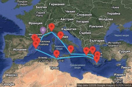 Маршрут на круиз 14 дни Франция, Италия, Гърция, Тунис, Испания - MRS14A3W