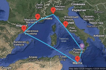 Маршрут на круиз 7 дни Италия, Малта, Испания, Франция - UZHK