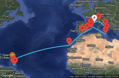 Маршрут на круиз 22 дни Франция, Италия, Малта, Испания, Антигуа и Барбуда, Сейнт Винсент и Гренадини, Барбадос, Мартиника, Гваделупа