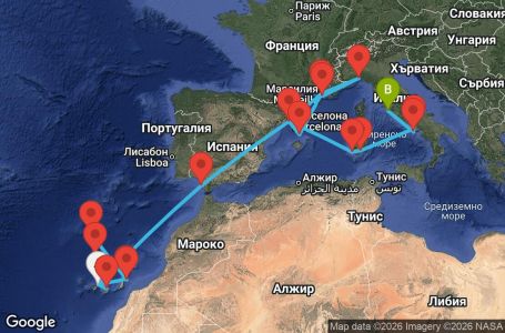 Маршрут на круиз Canary Islands, Madeira , Morocco, Spain, France, Italy