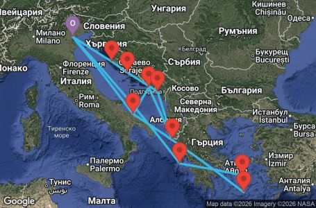 Маршрут на круиз 14 дни Италия, Гърция, Хърватия, Черна гора - PMA14A3V