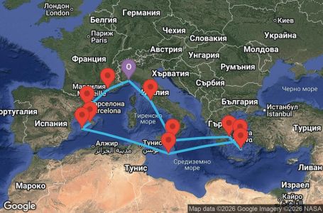 Маршрут на круиз Italy, Greece, Malta, Balearic Islands, Spain, France - SVN14A4L