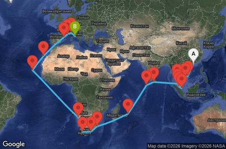 Маршрут на круиз 49 дни Хонконг, Виетнам, Тайланд, Сингапур, Малайзия, Шри Ланка, Малдивите, Мавриций, Южна Африка, Намибия, Кабо Верде, Испания, Франция, Италия