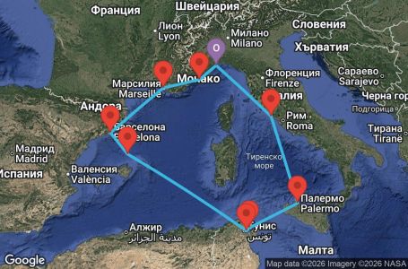 Маршрут на круиз Italy, France, Spain, Tunisia