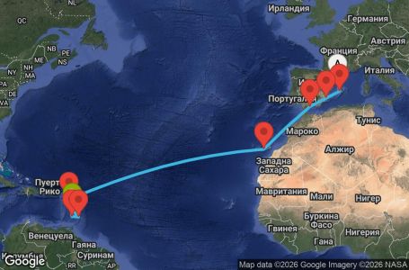 Маршрут на круиз 15 дни Испания, Антигуа и Барбуда, Сейнт Винсент и Гренадини, Барбадос, Мартиника