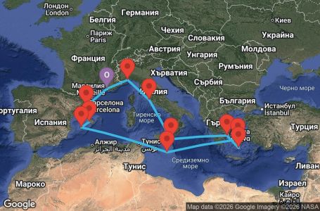 Маршрут на круиз France, Italy, Greece, Malta, Balearic Islands, Spain - MRS14A3V