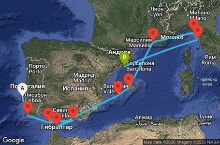Маршрут на круиз 11 дни Западно Средиземноморие от Барселона - DWNL11CNNLISBCN